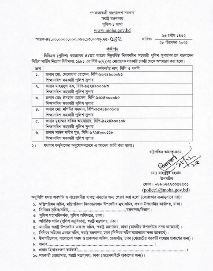 শিক্ষানবিশ ৬ সহকারী পুলিশ সুপারকে চাকরি থেকে অপসারণ
